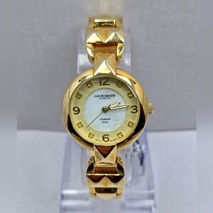 Womens Akribos XXIV Diamond Dial Quartz Gold Tone Watch New Battery AK755YG